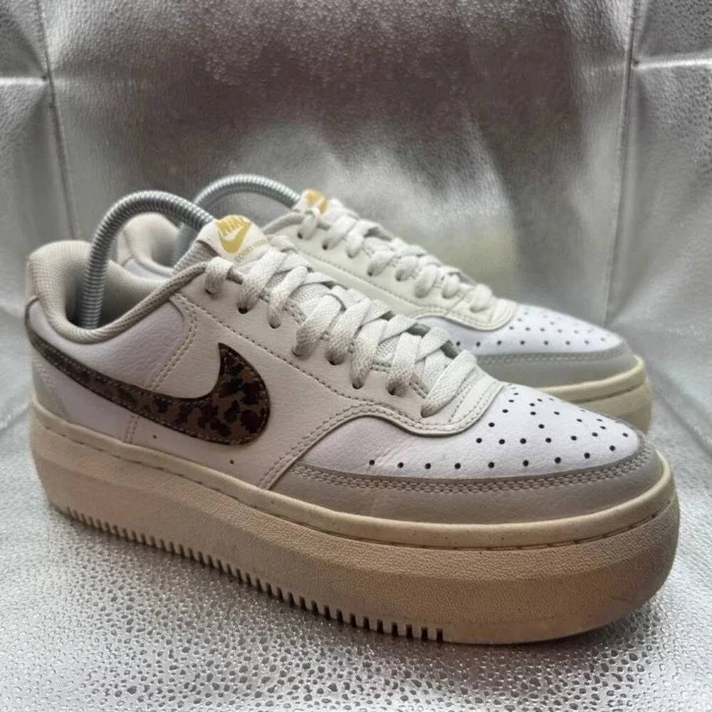 Size 9.5 - Nike Court Vision Alta Womens White Leopard Platform Shoes DO2791-100